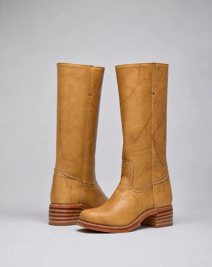 Women's beige knee-high leather boots with classic cowboy styling and refined everyday look by ILYNORA