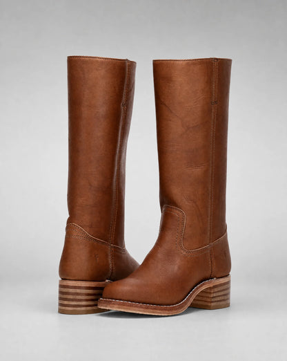 Women's brown leather cowboy boots with knee-high design and versatile western-inspired style by ILYNORA