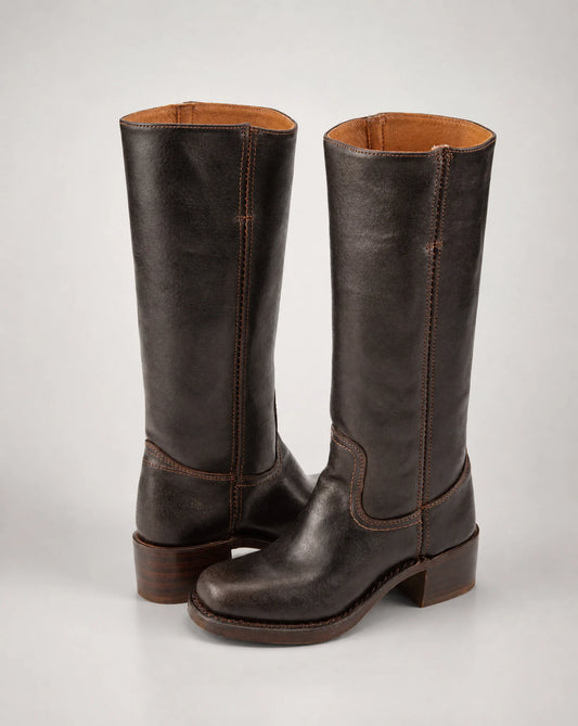 Women's dark brown cowboy style leather boots with knee-high shaft and classic western design by ILYNORA