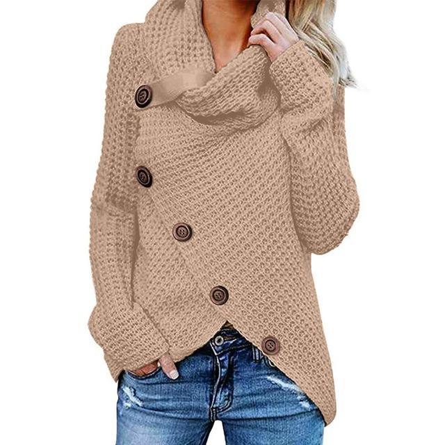 Women's Cowl Neck Knit Jumper with Button Detail and Asymmetric Hem