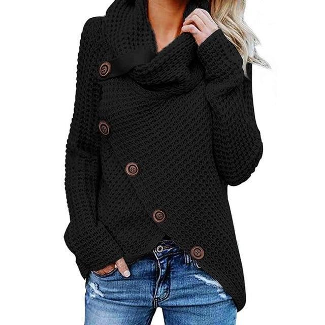 Women's Cowl Neck Knit Jumper with Button Detail and Asymmetric Hem