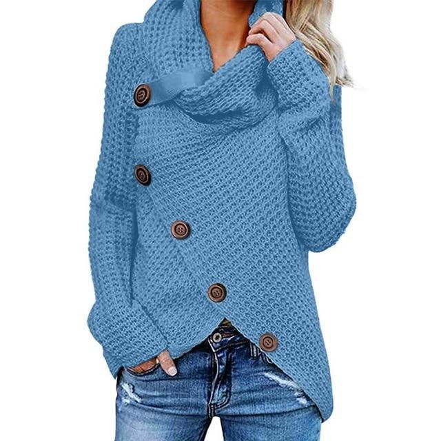 Women's Cowl Neck Knit Jumper with Button Detail and Asymmetric Hem