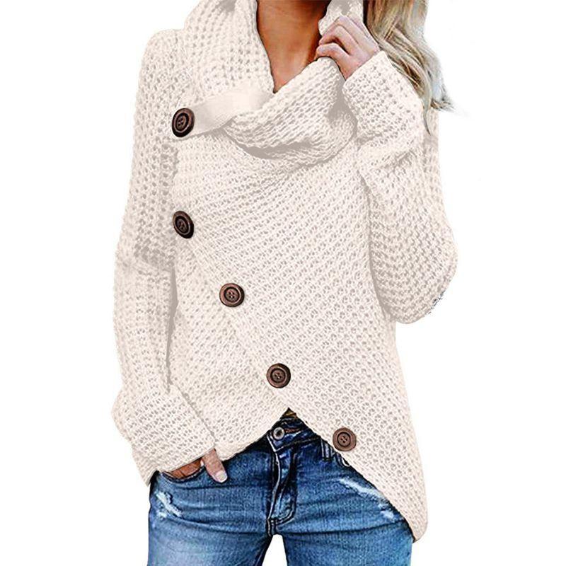 Women's Cowl Neck Knit Jumper with Button Detail and Asymmetric Hem