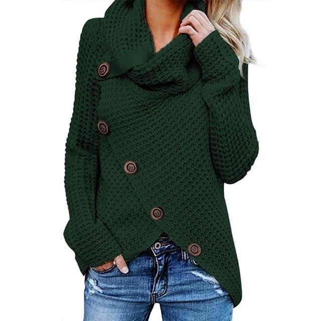 Women's Cowl Neck Knit Jumper with Button Detail and Asymmetric Hem
