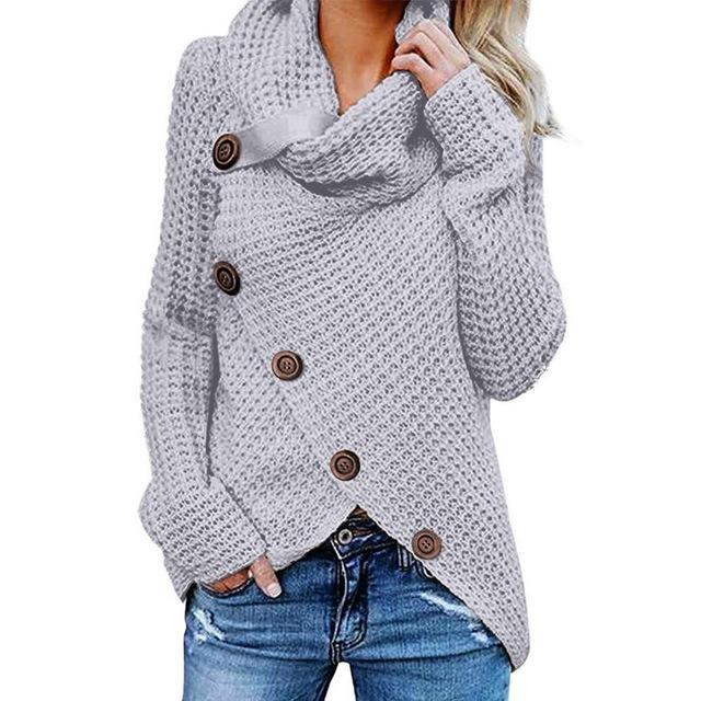 Women's Cowl Neck Knit Jumper with Button Detail and Asymmetric Hem
