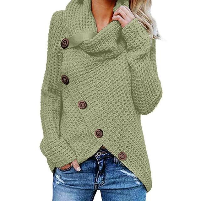 Women's Cowl Neck Knit Jumper with Button Detail and Asymmetric Hem