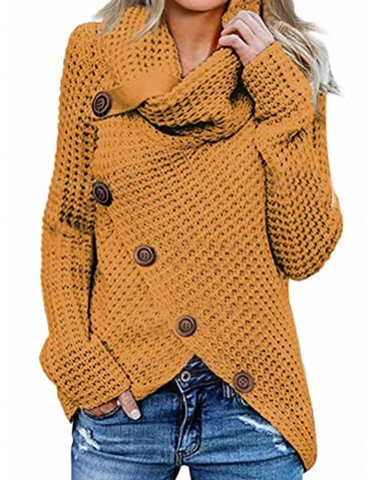 Women's Cowl Neck Knit Jumper with Button Detail and Asymmetric Hem