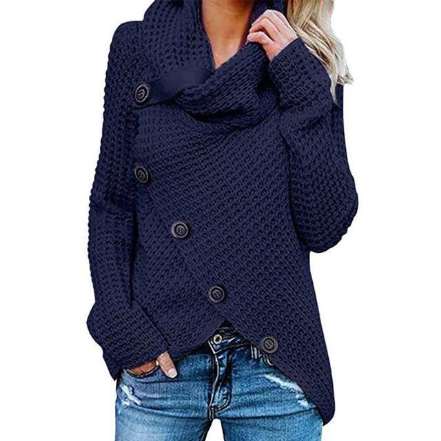 Women's Cowl Neck Knit Jumper with Button Detail and Asymmetric Hem
