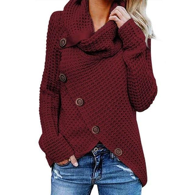 Women's Cowl Neck Knit Jumper with Button Detail and Asymmetric Hem