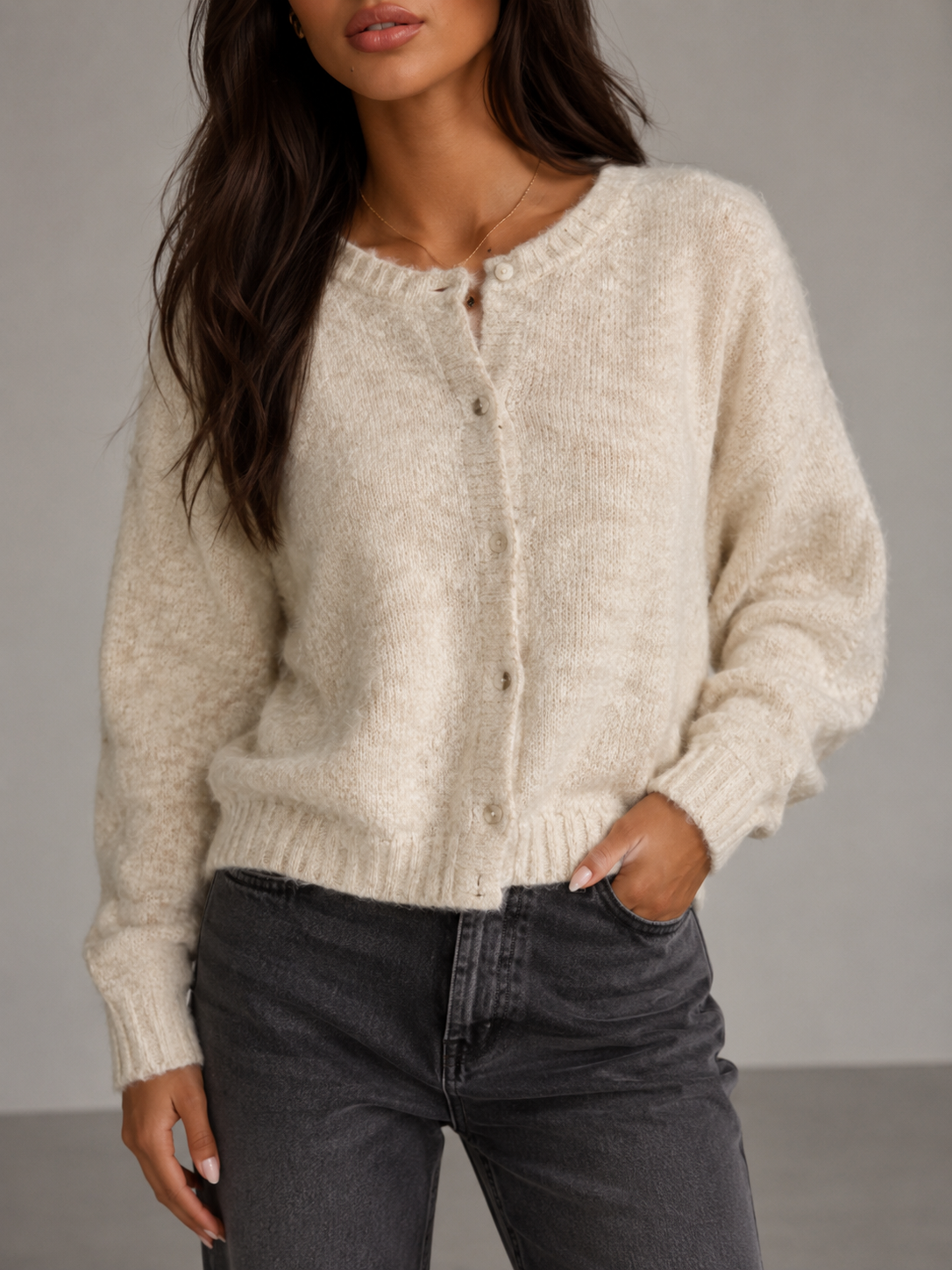 Women's Crewneck Button-Front Knit Cardigan