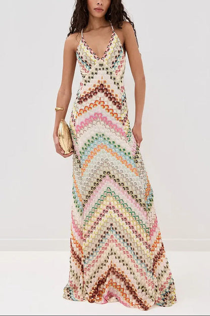 Women's Crochet Chevron Open Back Maxi Dress