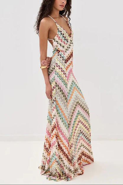 Women's Crochet Chevron Open Back Maxi Dress
