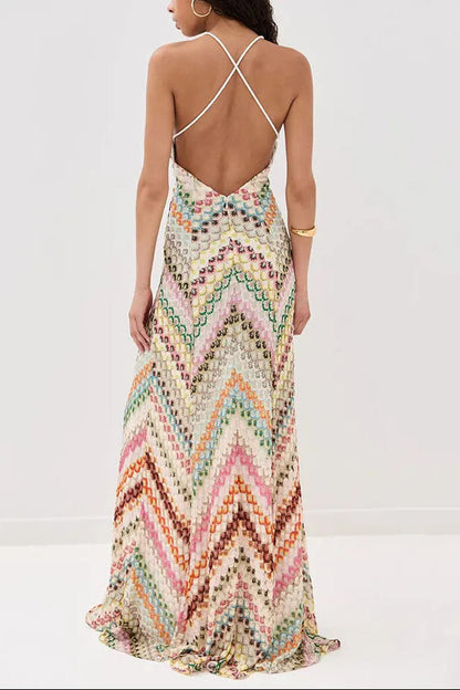 Women's Crochet Chevron Open Back Maxi Dress