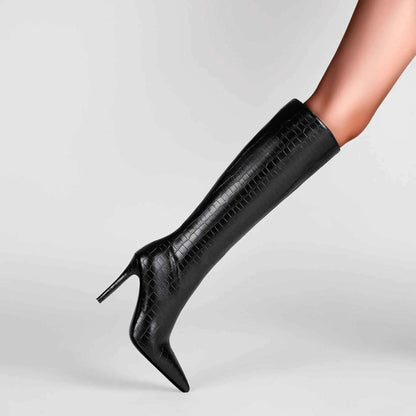 Women's Crocodile Embossed Pointed Toe High Heel Knee Boots