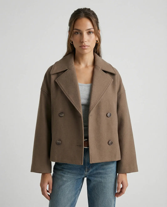 Women's cropped double-breasted jacket in brown by Ilynora, front view with tailored fit and sharp lapels
