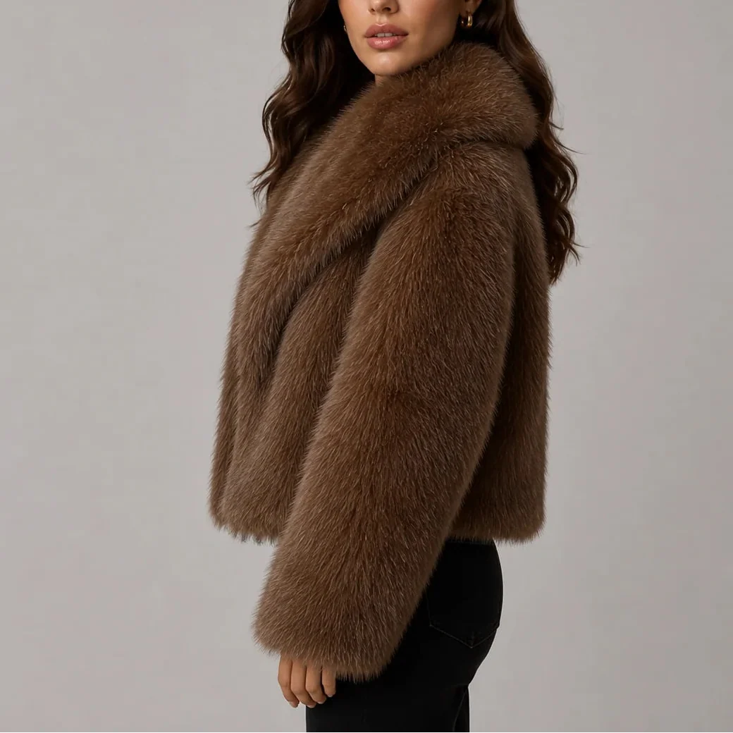 Women's Cropped Faux Fur Winter Jacket with Oversized Collar