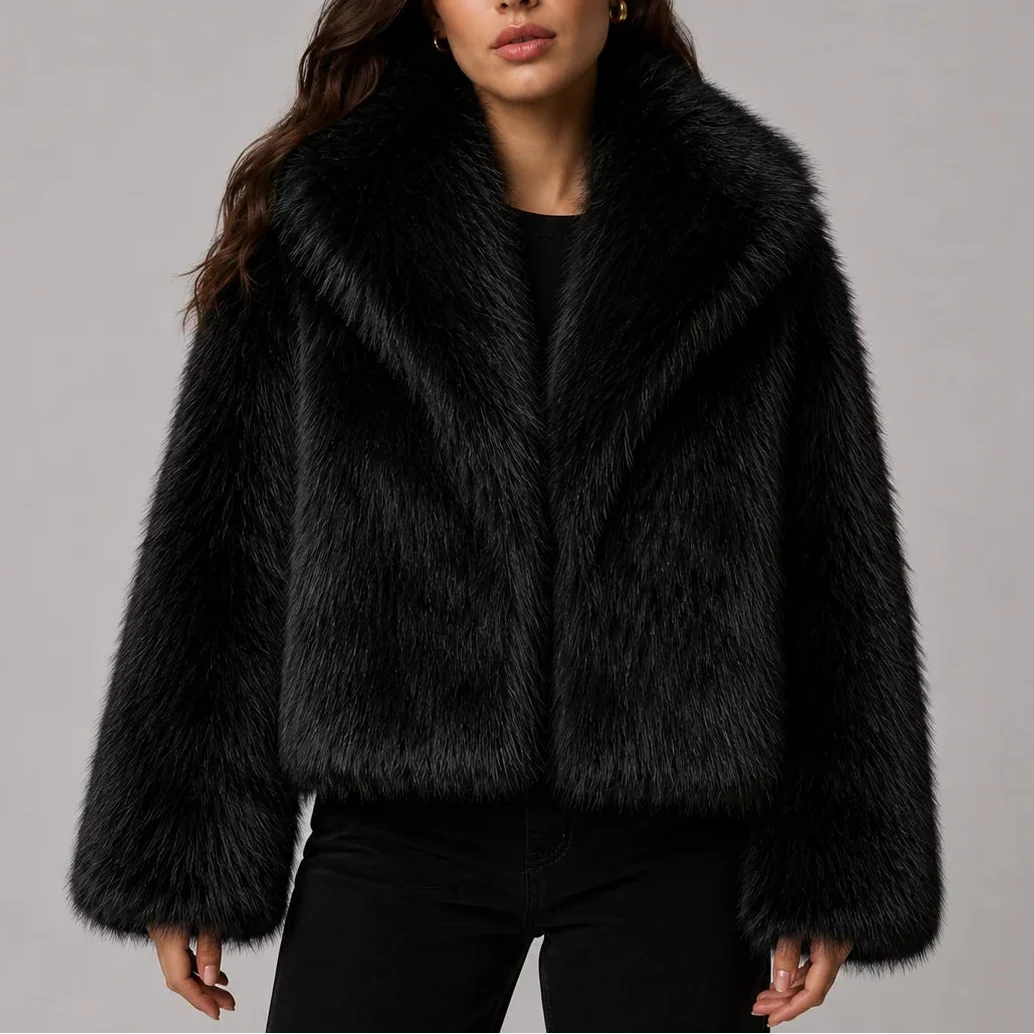 Women's Cropped Faux Fur Winter Jacket with Oversized Collar