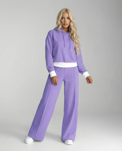 Purple cropped hoodie and wide leg tracksuit by Ilynora, full body view with relaxed fit and soft fabric