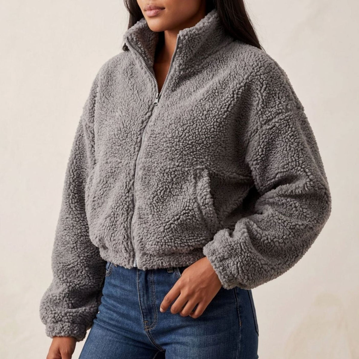 Women's Cropped Sherpa Fleece Zip-Up Winter Coat Jacket