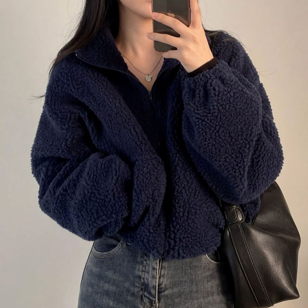 Women's Cropped Sherpa Fleece Zip-Up Winter Coat Jacket