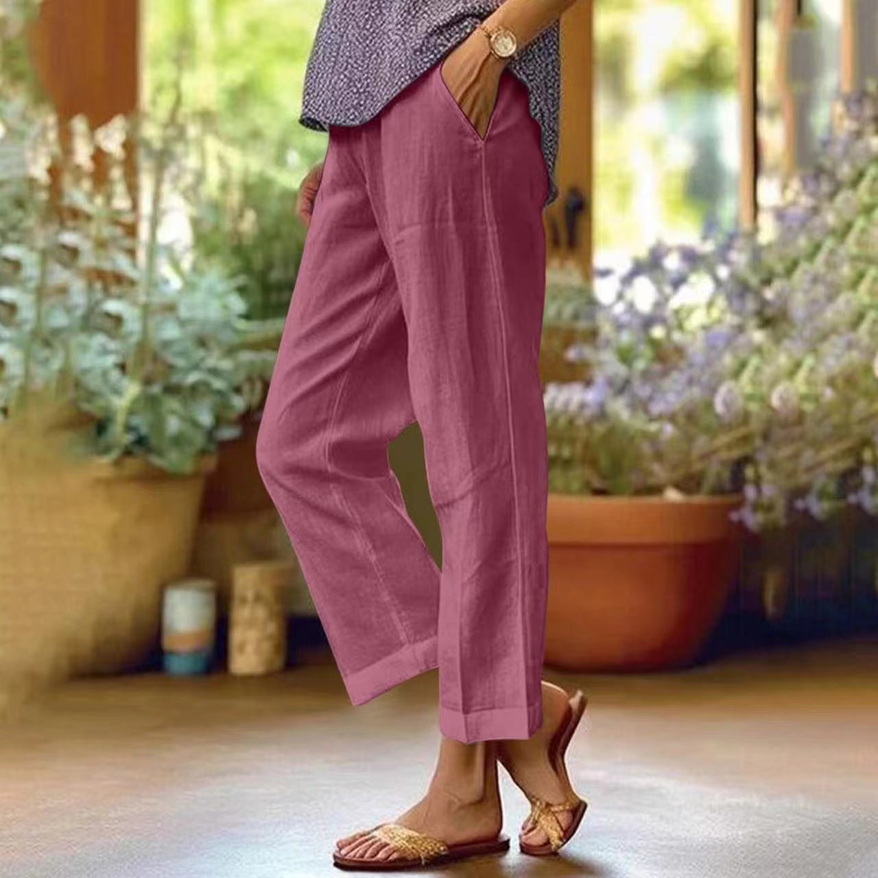 Women's Cropped Straight Leg Linen Trousers