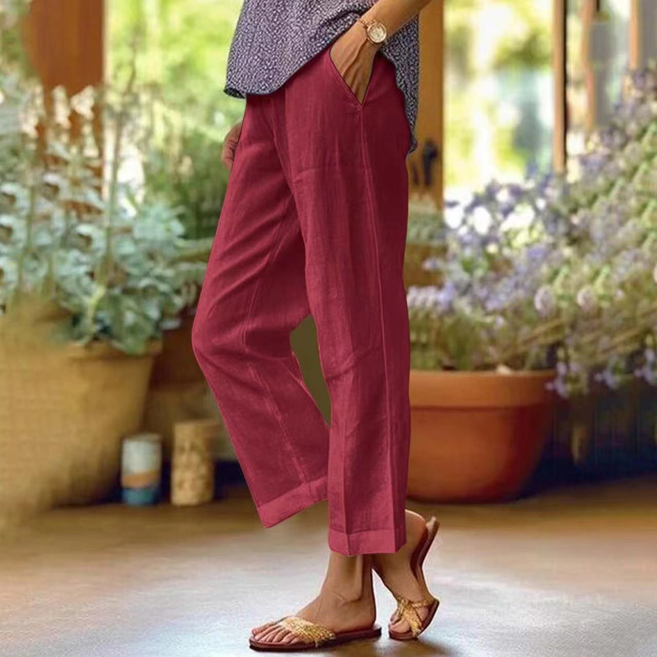 Women's Cropped Straight Leg Linen Trousers