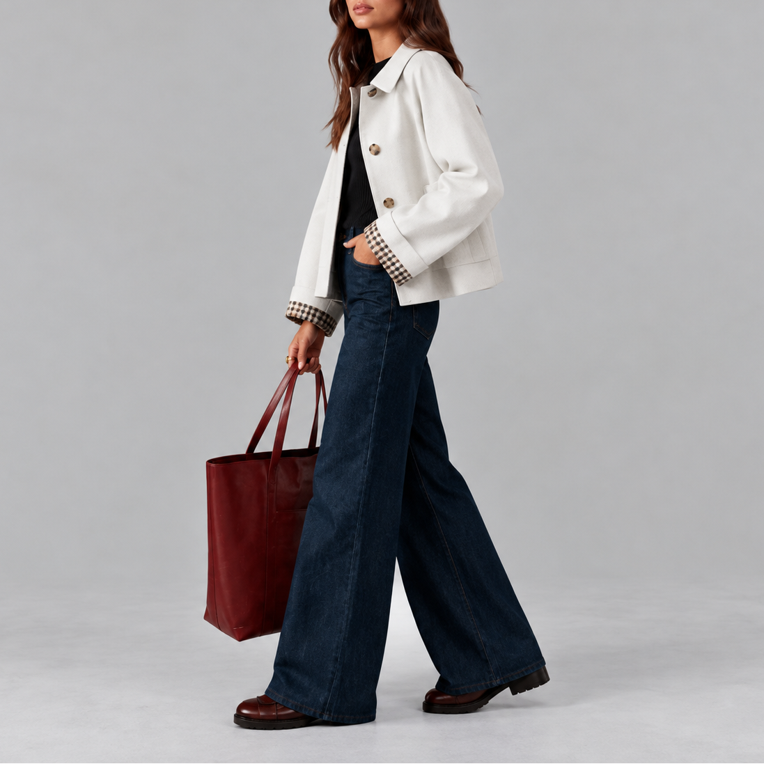 Women's Cropped Trench Jacket with Plaid Lining