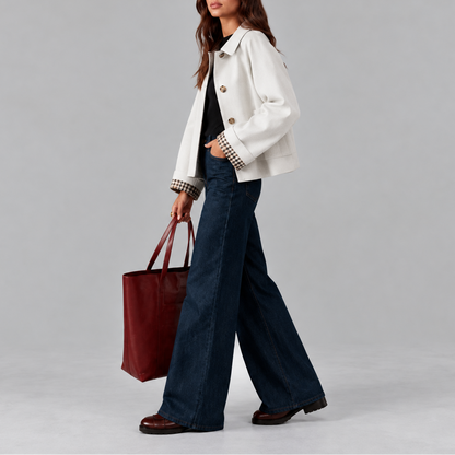 Women's Cropped Trench Jacket with Plaid Lining