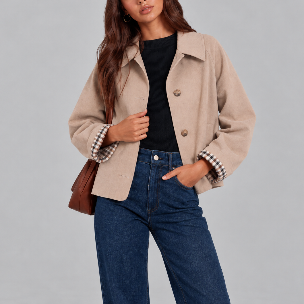Women's Cropped Trench Jacket with Plaid Lining