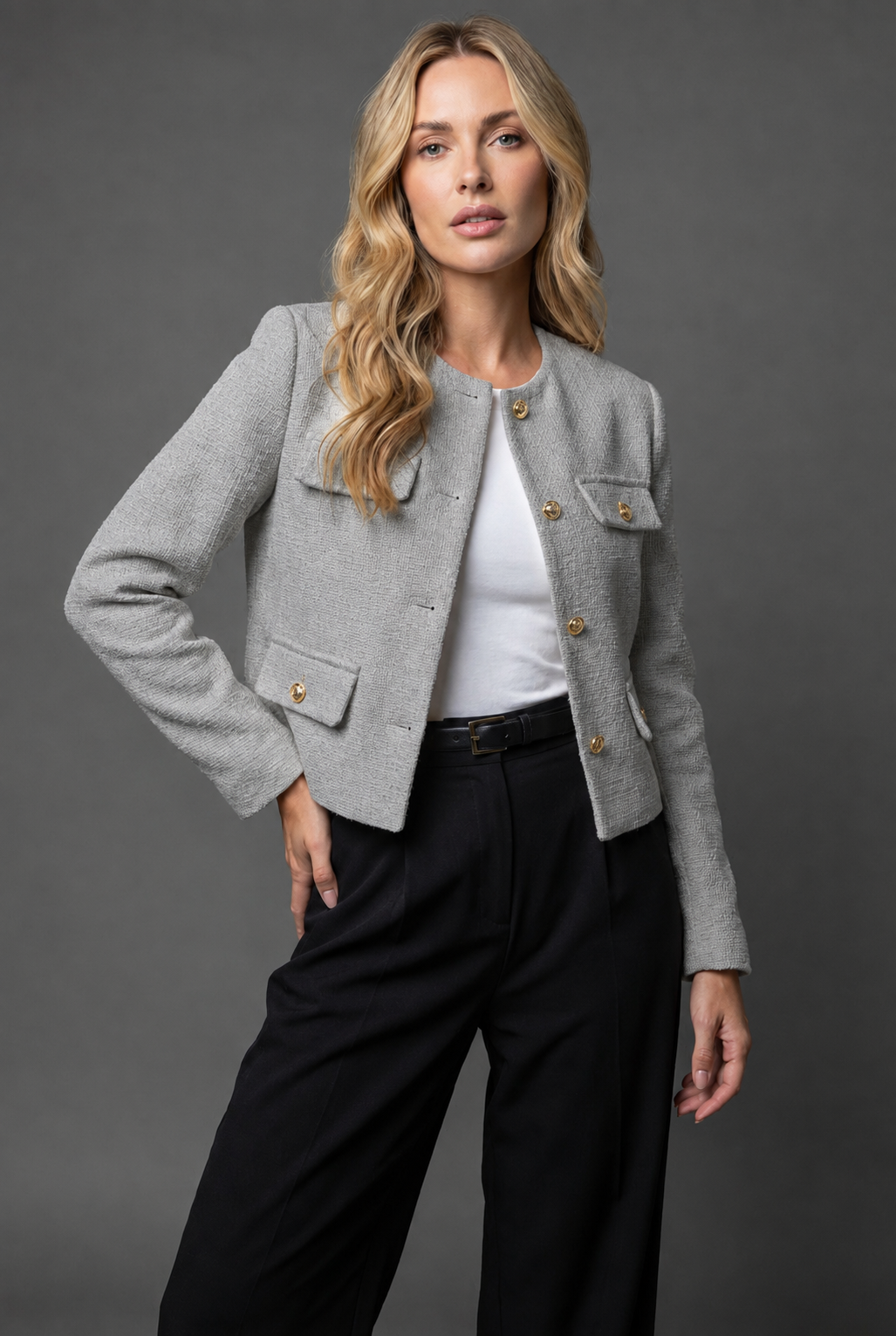 Women's Cropped Tweed Blazer With Gold Buttons