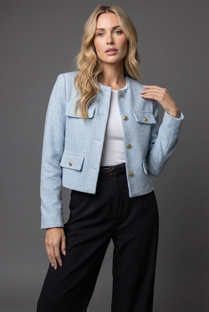 Women's Cropped Tweed Blazer With Gold Buttons