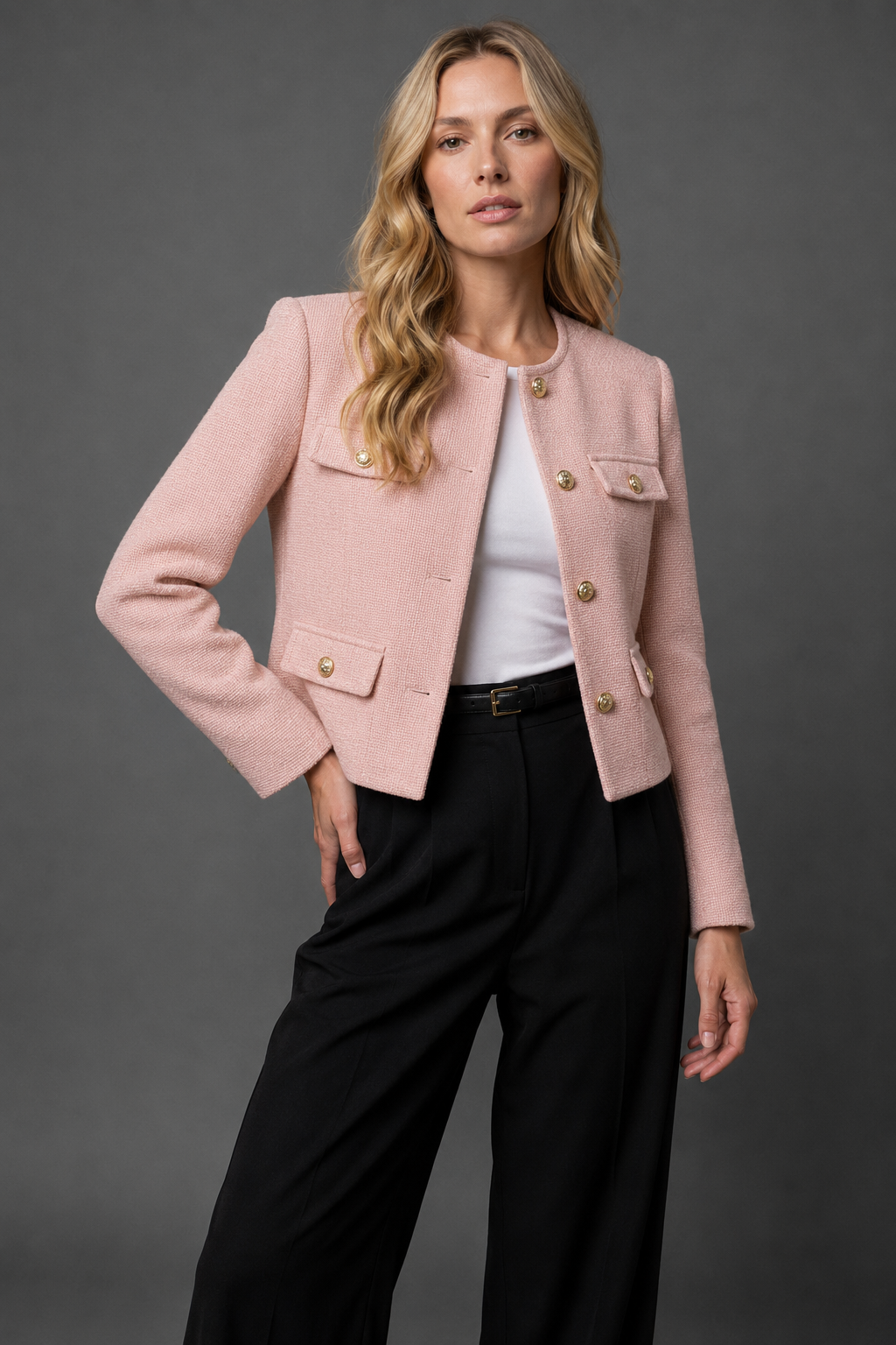 Women's Cropped Tweed Blazer With Gold Buttons