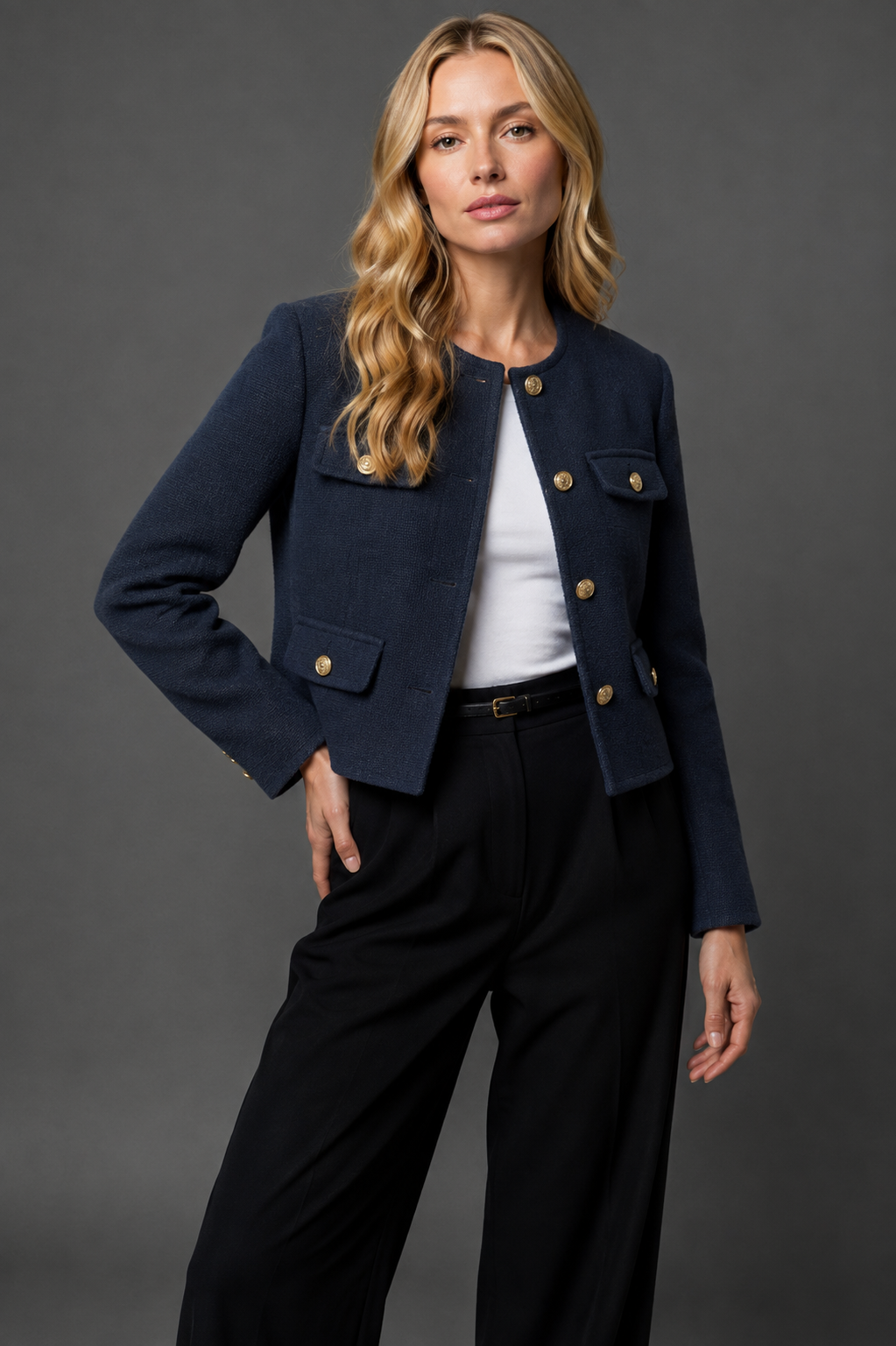Women's Cropped Tweed Blazer With Gold Buttons