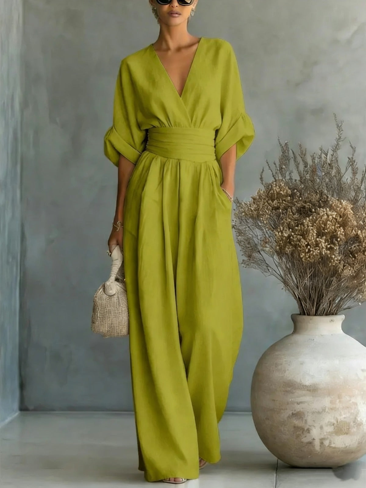 Women's Deep V-Neck Wide-Leg Jumpsuit