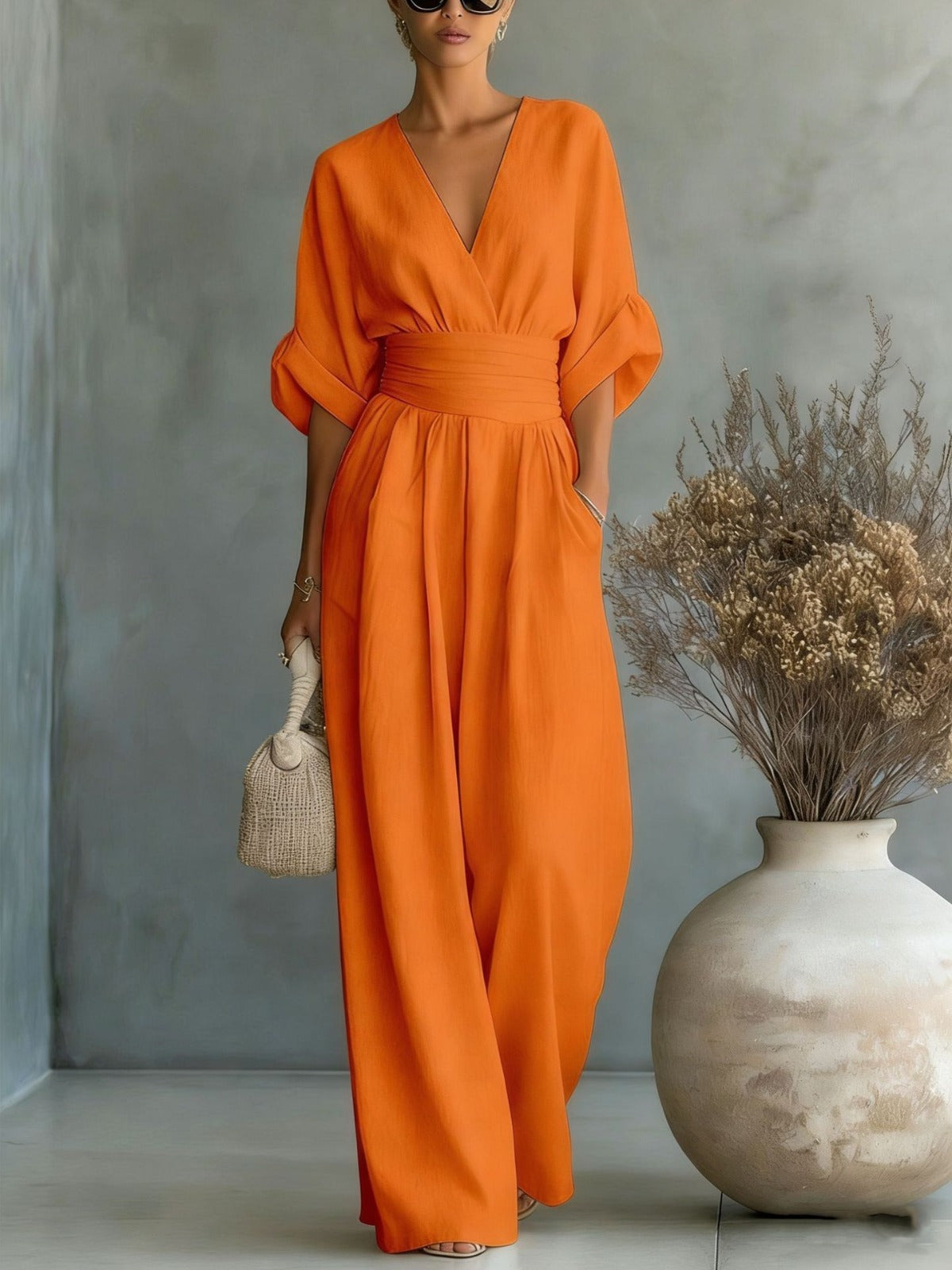 Women's Deep V-Neck Wide-Leg Jumpsuit