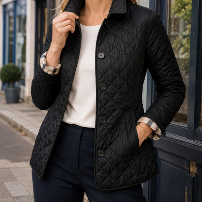 Women's Diamond-Quilted Button-Front Jacket Checked Cuffs