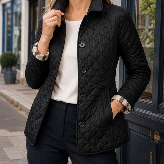Women's Diamond-Quilted Button-Front Jacket Checked Cuffs