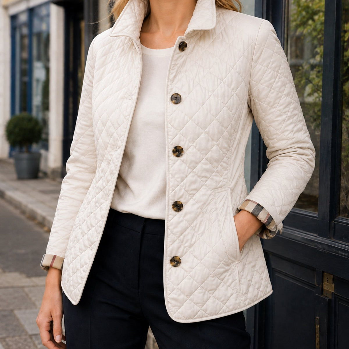 Women's Diamond-Quilted Button-Front Jacket Checked Cuffs