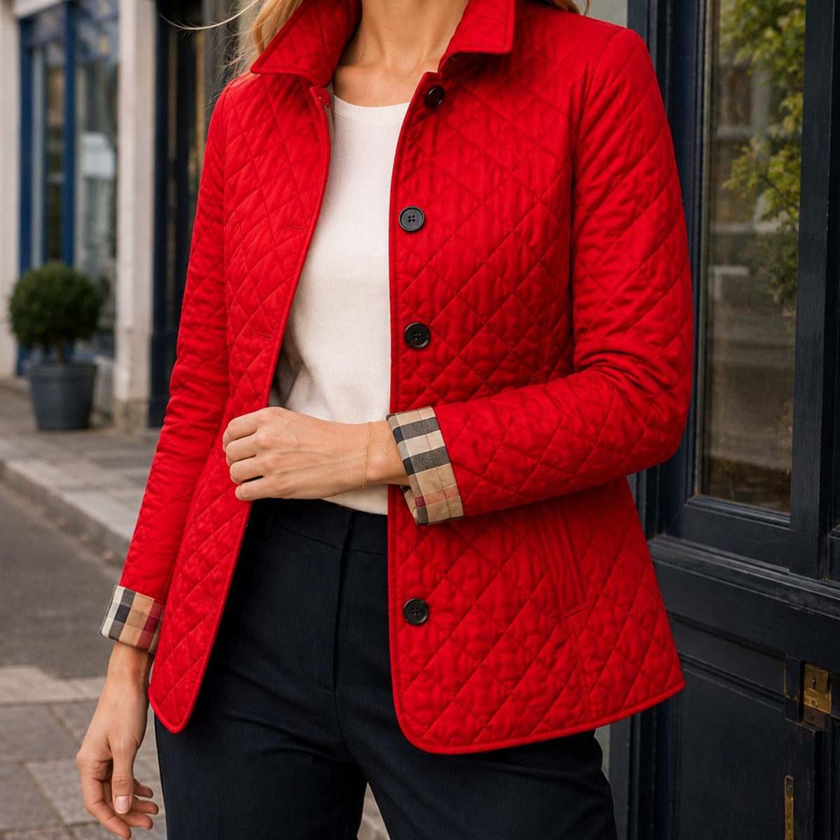 Women's Diamond-Quilted Button-Front Jacket Checked Cuffs