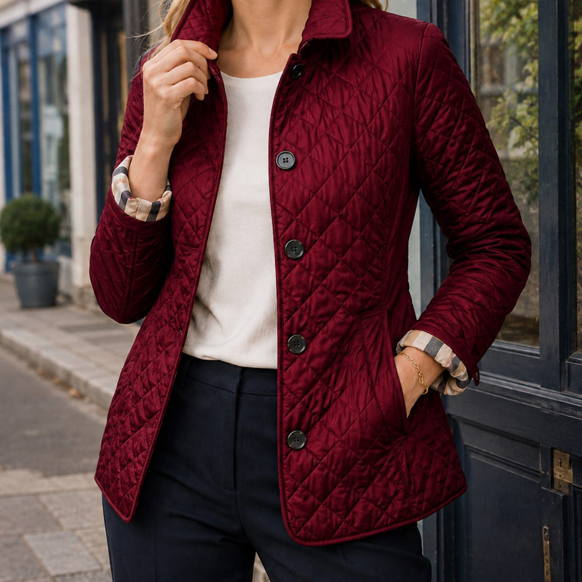Women's Diamond-Quilted Button-Front Jacket Checked Cuffs