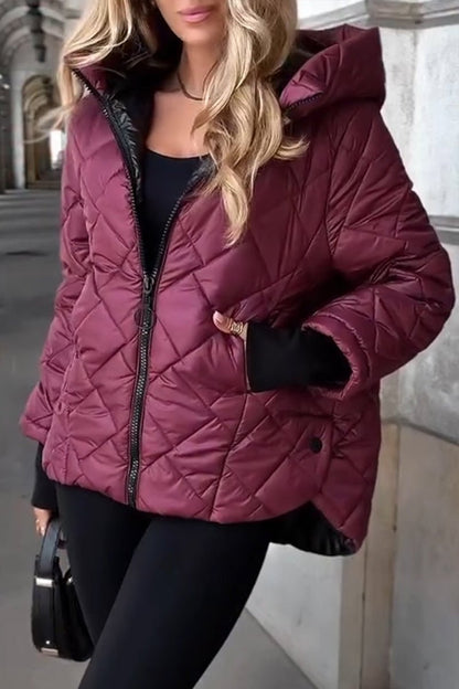 Women's Diamond Quilted Hooded Puffer Jacket with Zip Front