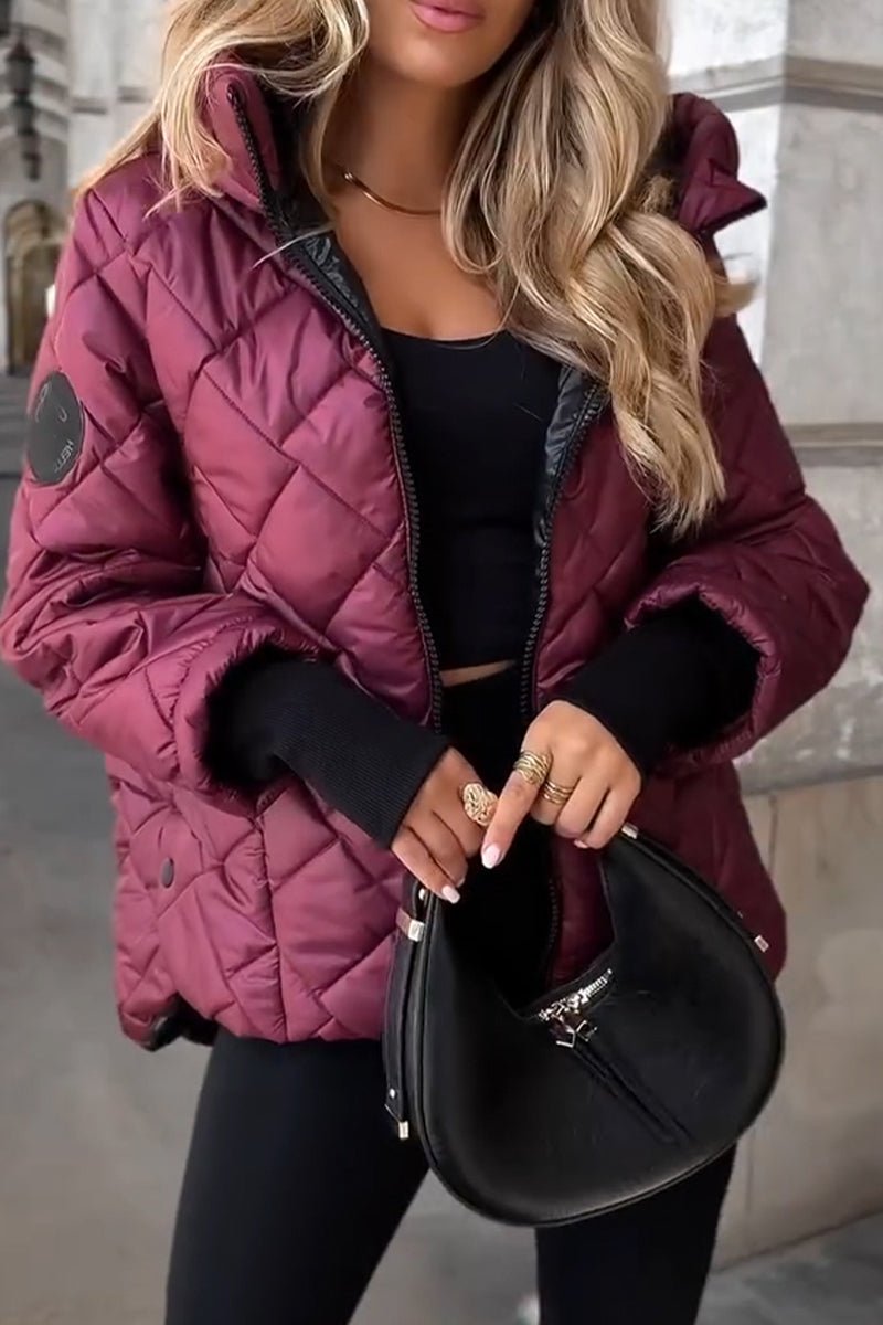 Women's Diamond Quilted Hooded Puffer Jacket with Zip Front