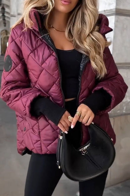 Women's Diamond Quilted Hooded Puffer Jacket with Zip Front