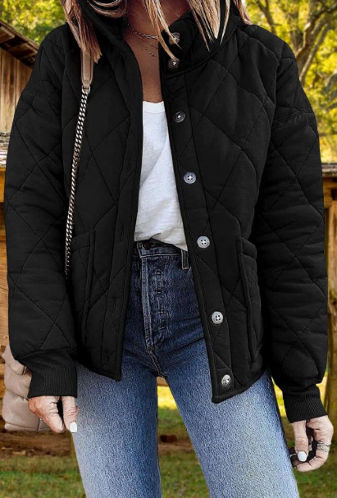 Women's Diamond Quilted Jacket with Button Front & Stand Collar