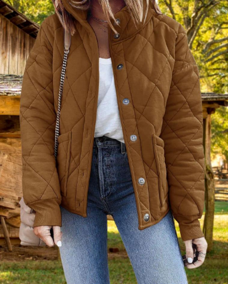 Women's Diamond Quilted Jacket with Button Front & Stand Collar