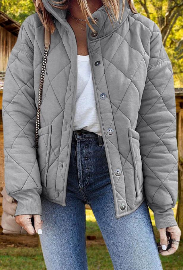 Women's Diamond Quilted Jacket with Button Front & Stand Collar