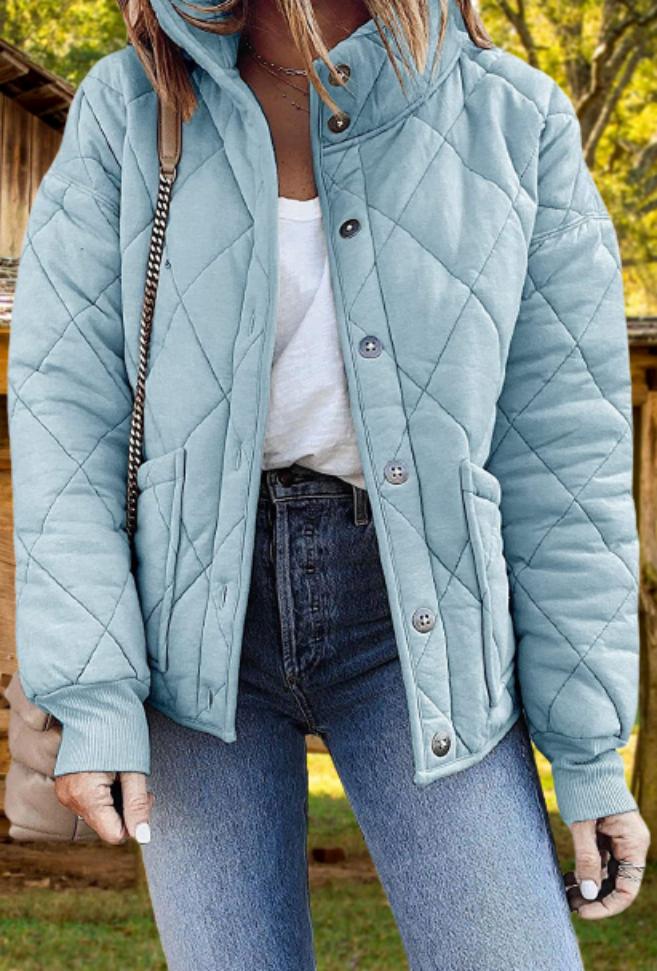 Women's Diamond Quilted Jacket with Button Front & Stand Collar