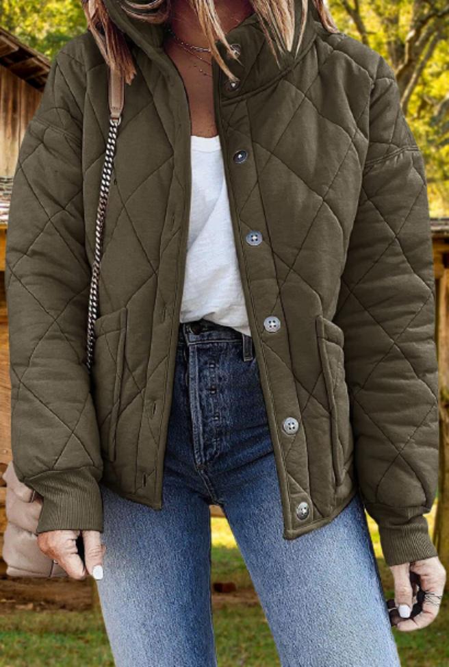 Women's Diamond Quilted Jacket with Button Front & Stand Collar
