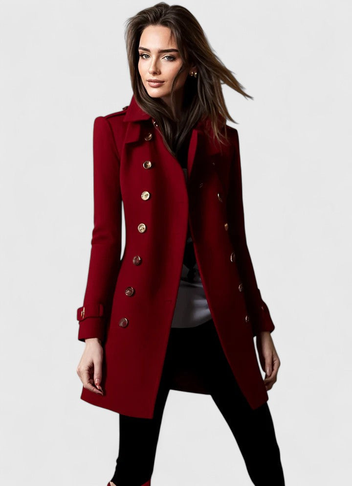 Women's Double Breasted Longline Winter Coat with Gold Buttons