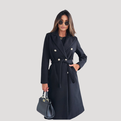 Women's Double Breasted Longline Winter Coat with Tie Belt